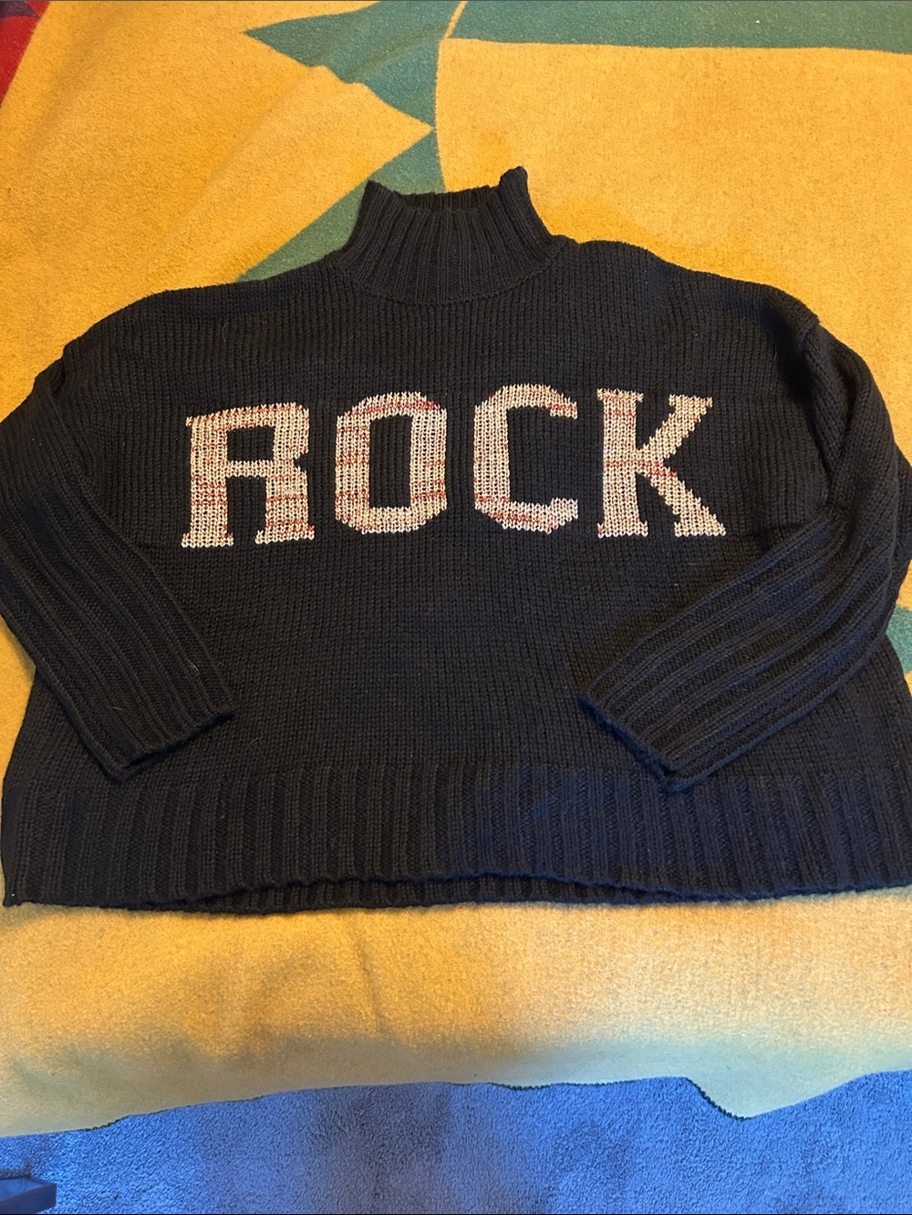 Elan Black Knit Turtleneck Sweater with 'ROCK' Lettering